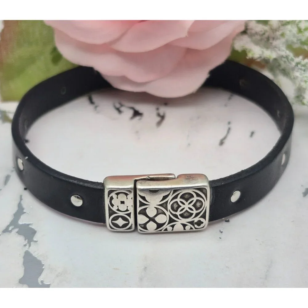 Mens Black Leather Bracelet Silver Tone Feather Slide Charm Punk Magnetic Clasp